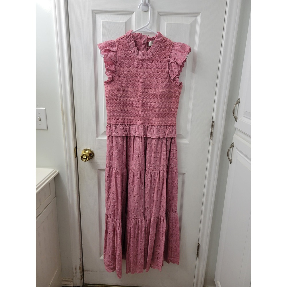 Sea New York Ingrid Smocked Eyelet Midi Dress Flutter Sleeve Pink Cotton Size 4